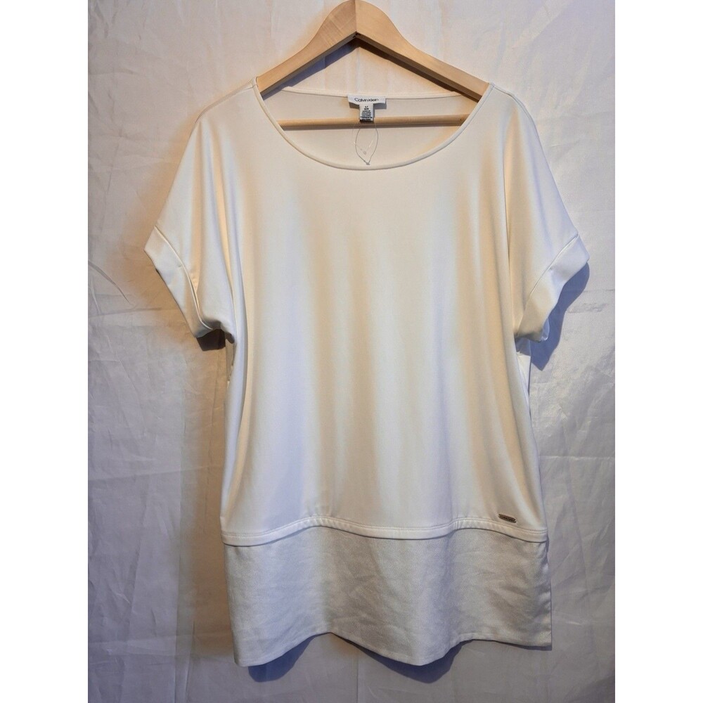 Calvin Klein White Short Sleeve Blouse Top L Large Stretch Lined Career
